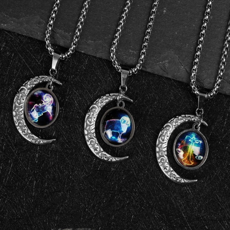 Kalung Liontin 12 Zodiak Luminous Bahan Stainless Steel Untuk Pria Dan Wanita