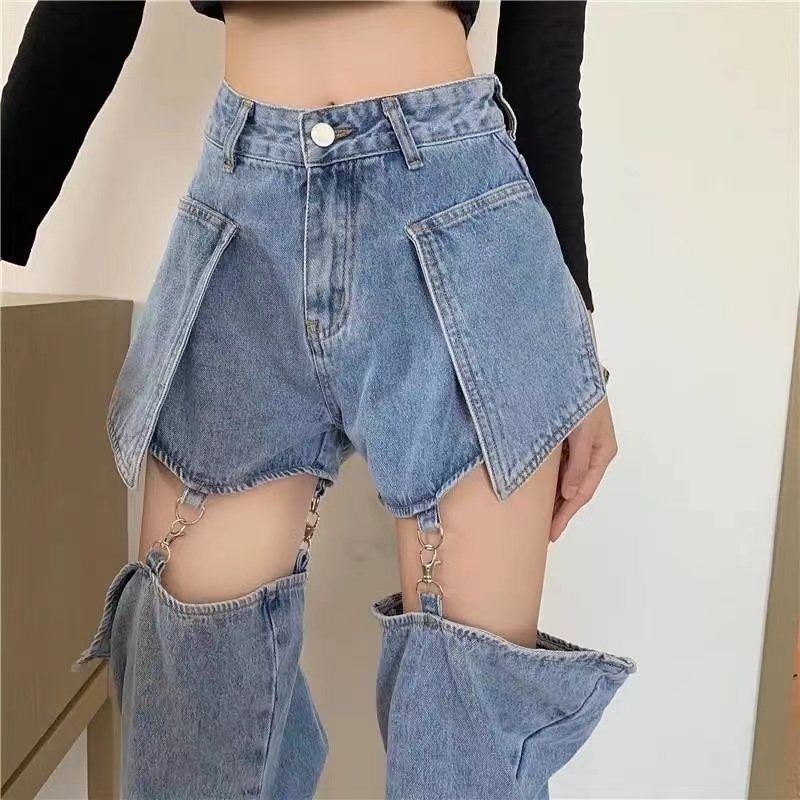 Monica Celana Jeans Wanita Straight Slip Pants Musim Semi Desain Baru Dua Arah Dilepas Celana Pendek