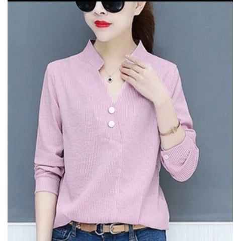 kemeja lengan panjang wanita motif viral cewe korean style oversize hem polos perempuan casual murah