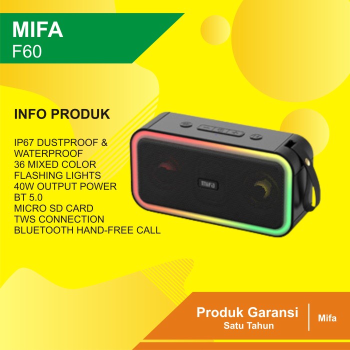 SPEAKER MiFa F60 Bluetooth Speaker 40W IPX7 Waterproof RGB LED Stereo aktif bass usb mic bluetooth s