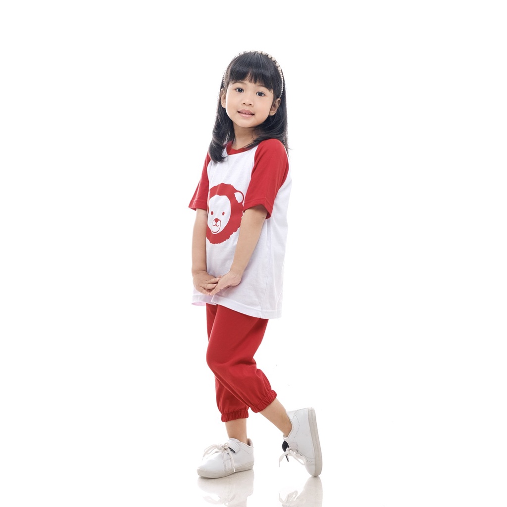 Setelan Kaos Playset Anak Setelan Joger Couple Baju Tidur Piyama Anak Raglan Unisex Celana Panjang Merah Lion
