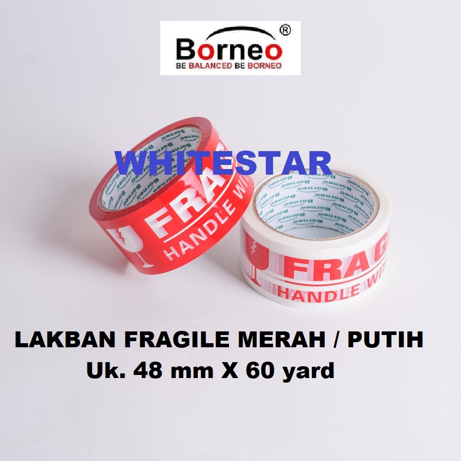 

lakban/isolasi opp fragile putih/merah 2" 48 mm x 60 yard borneo - core ijo