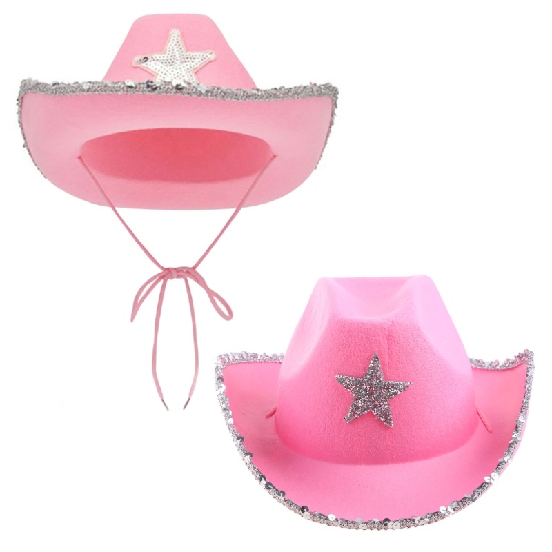 Topi Cowgirl Warna Pink Aksen Sequin Untuk Pesta Halloween