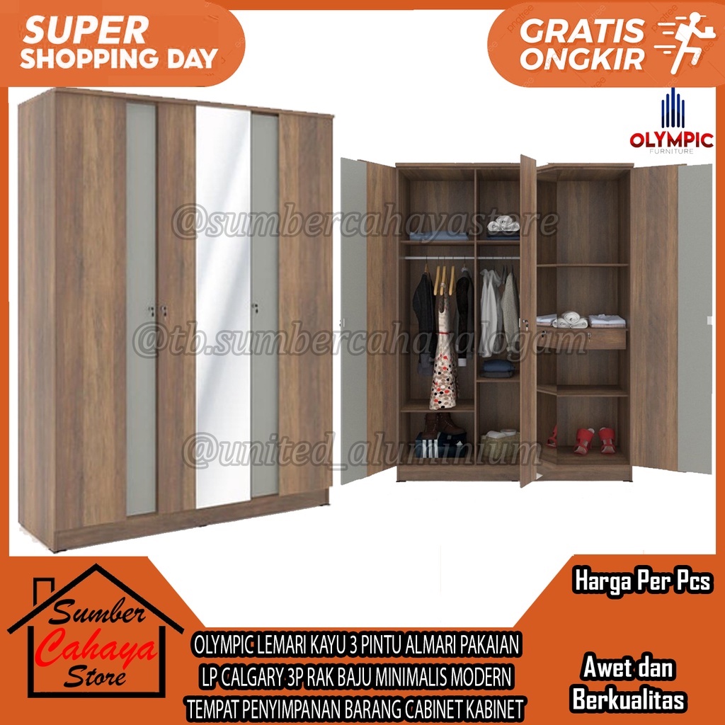 OLYMPIC LEMARI KAYU 3 PINTU ALMARI PAKAIAN  LP CALGARY 3P RAK BAJU CERMIN KACA MINIMALIS MODERN TEMP