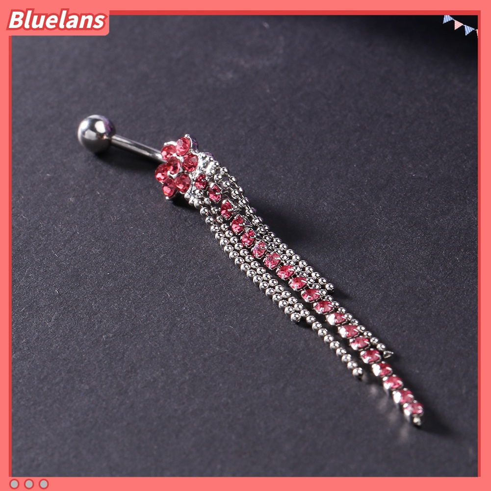 Bluelans 1Pc Women Rhinestone Flower Beaded Tassels Dangle Body Piercing Navel Belly Ring