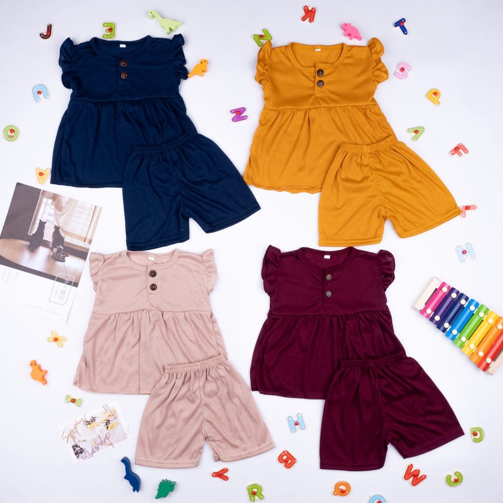 setelan anak perempuan / setelan ruffle polos kancing / baju anak perempuan