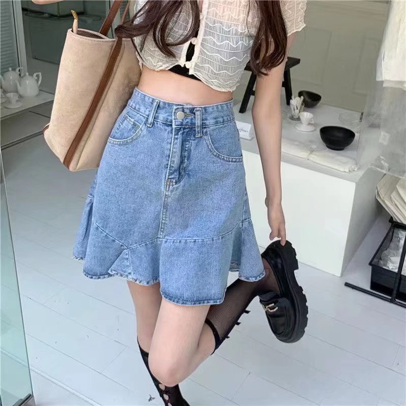 Rok gelombang Rok Denim Wanita Desain Pinggang Tinggi A-Line Rok Ins Fashion Korean Stlye Rok Lipit Jeans