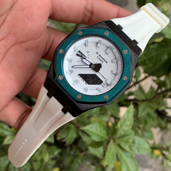 Jam G-shock GA 2100 MOD Putih List Green Rubber White Original