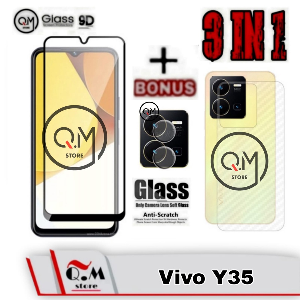 Paket 3 in1 Tempered Glass Layar Vivo Y35 Anti Gores  Screen Guard Free Camera &amp; Garskin