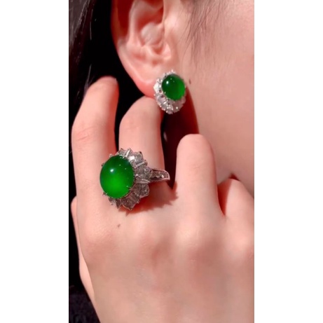 natural [JADIETE JADE GIOK BURMA TIPE C] giok burma set ring dan anting emban cincin ring perak silv