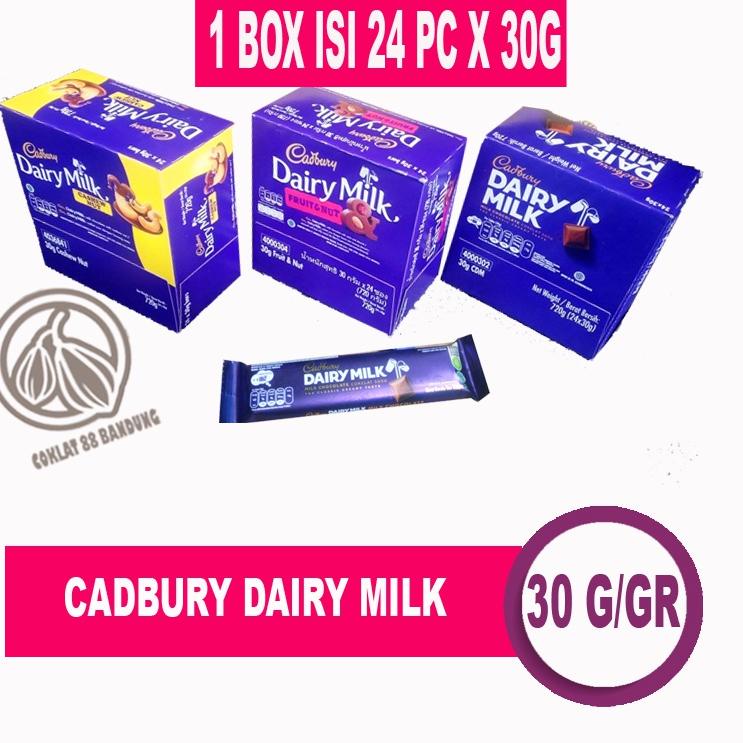TRCV1h1G--CADBURY DAIRY MILK 30 GR/GRAM BOX ISI 24 PCS, COKELAT CADBURY 30G/GR X 24PC