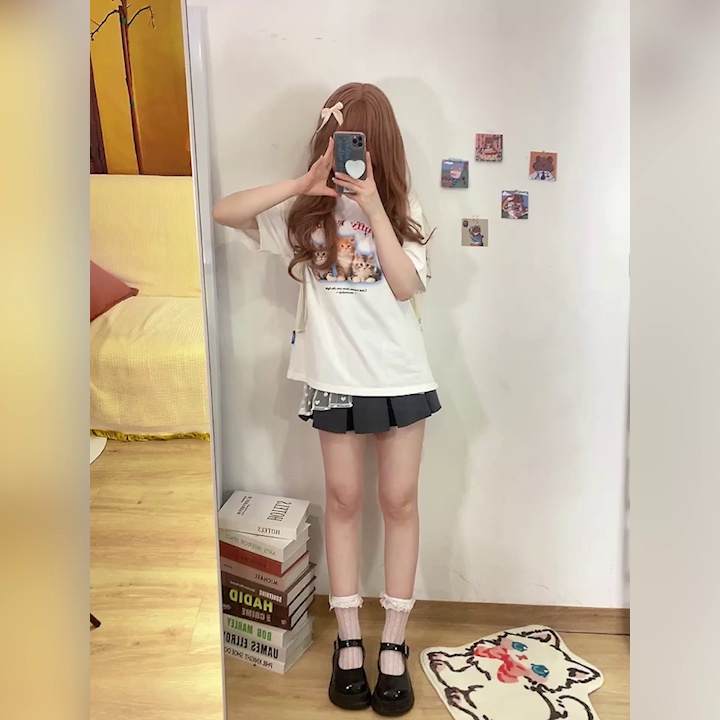 EUNII T-shirt Lengan Pendek Imut Kucing Pencetakan Longgar Korean Style/Kaos Atasan Wanita/Baju Kaus Oversize Wanita