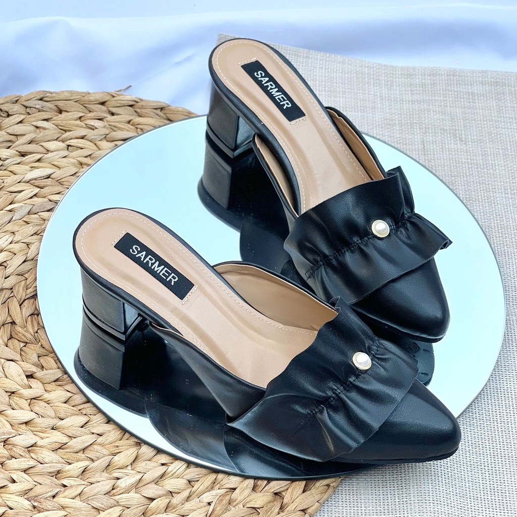 Sendal High Heels Chunky Korean Style Wanita Remaja Kasual Kekinian Tali Belakang  Tinggi 5Cm Kondan