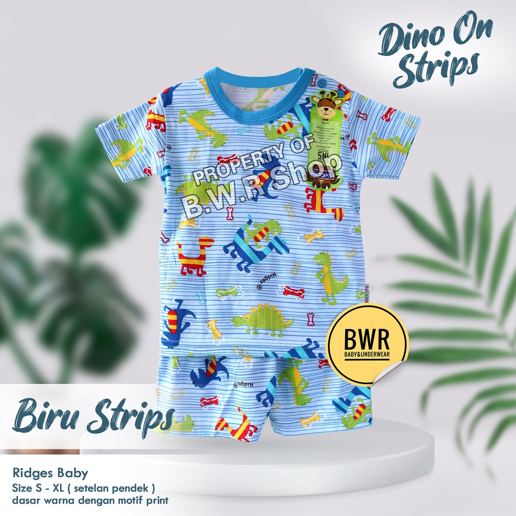 [ 3 Setel ] Setelan RIDGES PENDEK Dino On Strips / Setelan Piyama Baju Main Tidur Anak Unisex Motif Lucu Grosir 10rs | Bwr