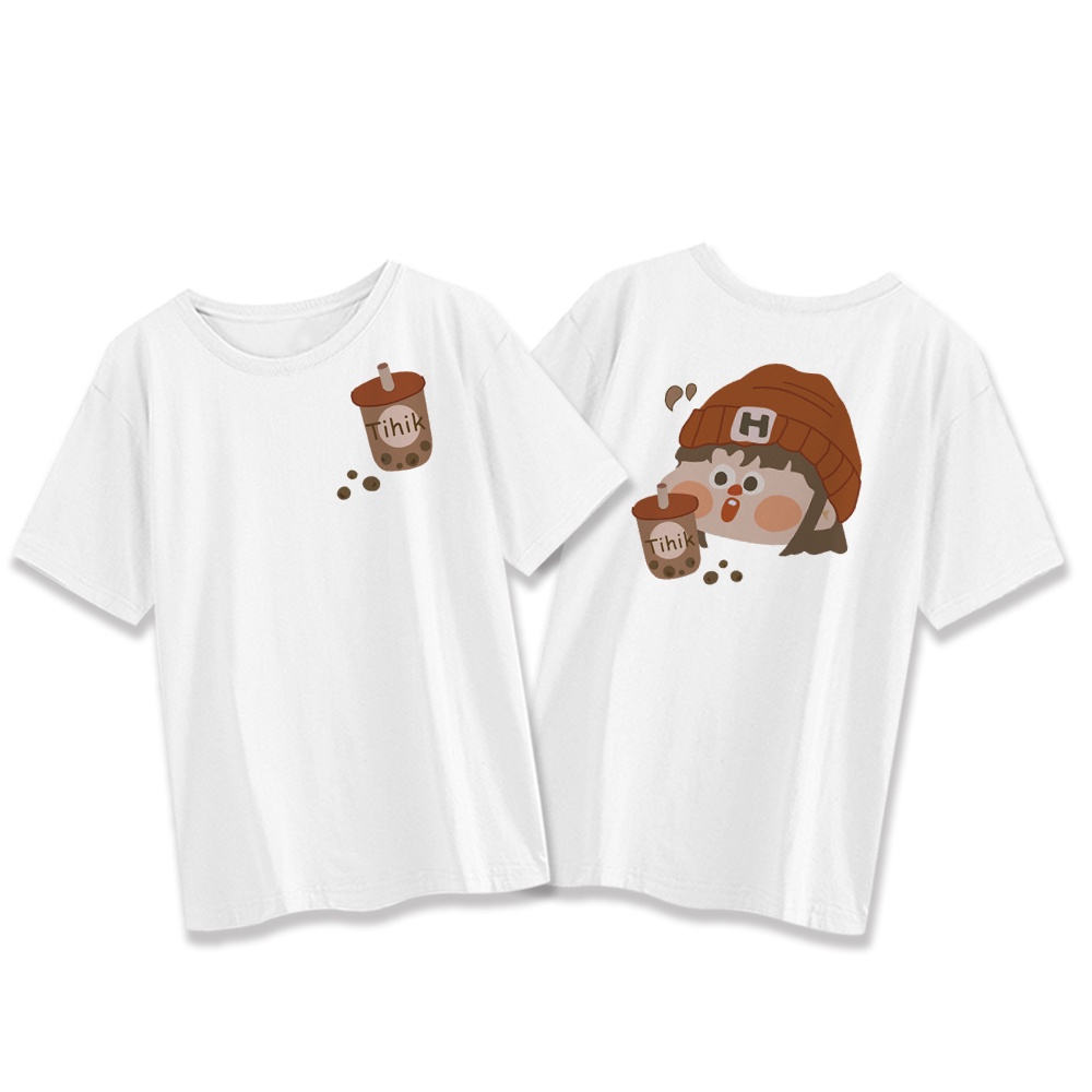 RDGF official shop atasan kaos kaos wanita terbaru Korean style crewneck oversize gadis kecil minum teh susu pola cetak