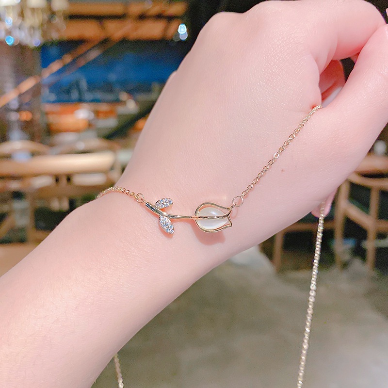 Kalung Dan Gelang Model Bunga Tulip Aksen Mutiara Rumbai Gaya Korea Untuk Wanita