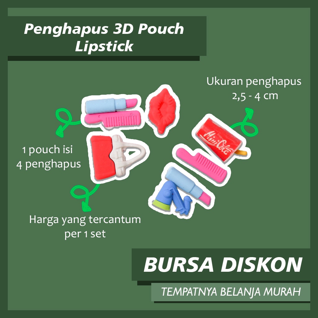 

Penghapus 3D Pouch Lipstick Eraser Hapusan Sisir Tas Bibir Mini Setip