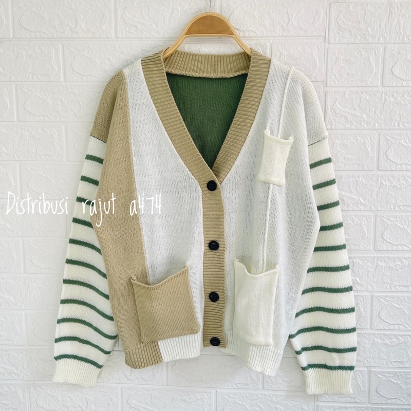 REGINA CARDIGAN RAJUT SAKU OVERSIZE MOTIF GARIS STRIPES TANGAN WANITA