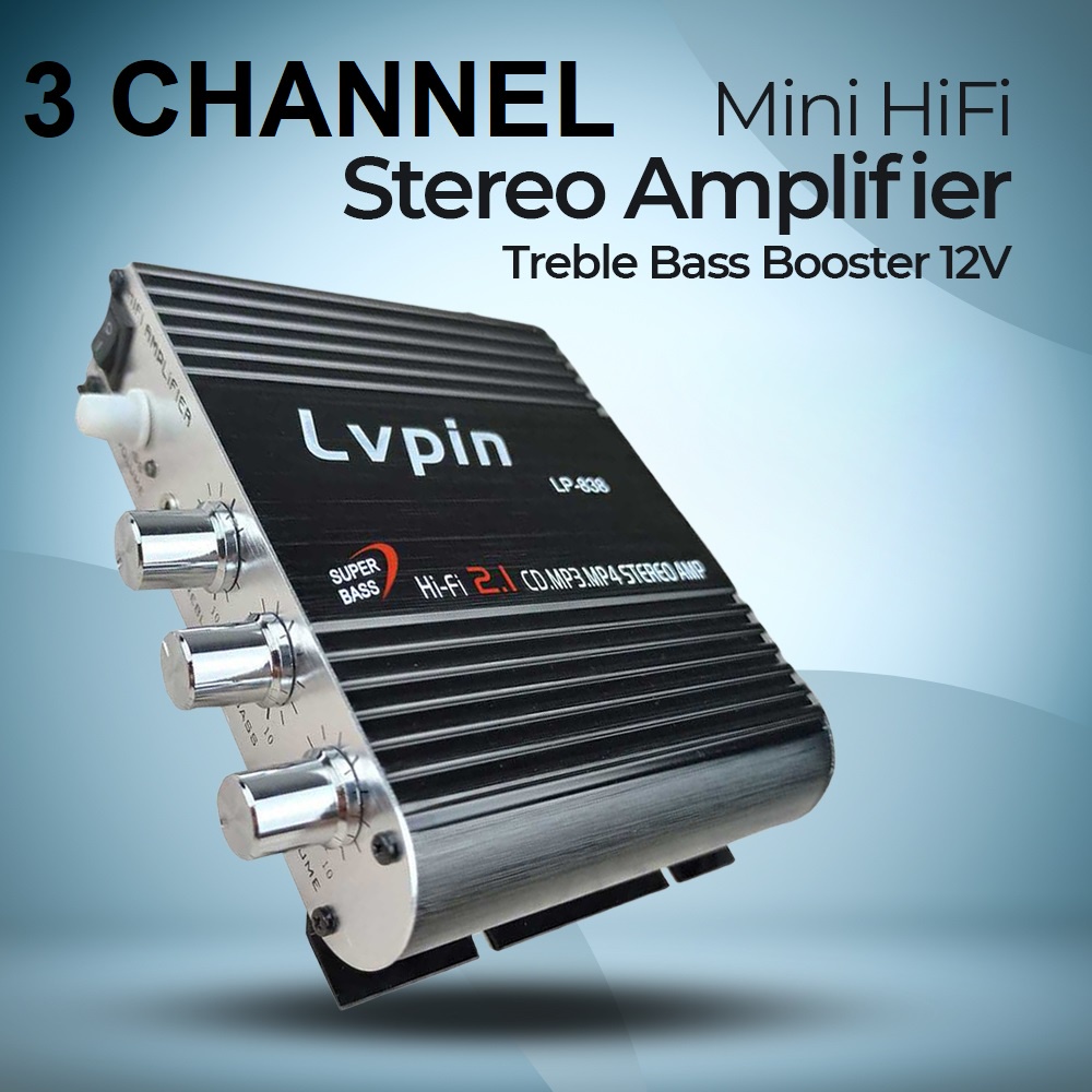 POWER LVPIN Mini HiFi 2.1 Amplifier Treble Bass Booster 12V - LP-838 - 3 CH (2 CH +1 SUB) BISA POWER MOBIL