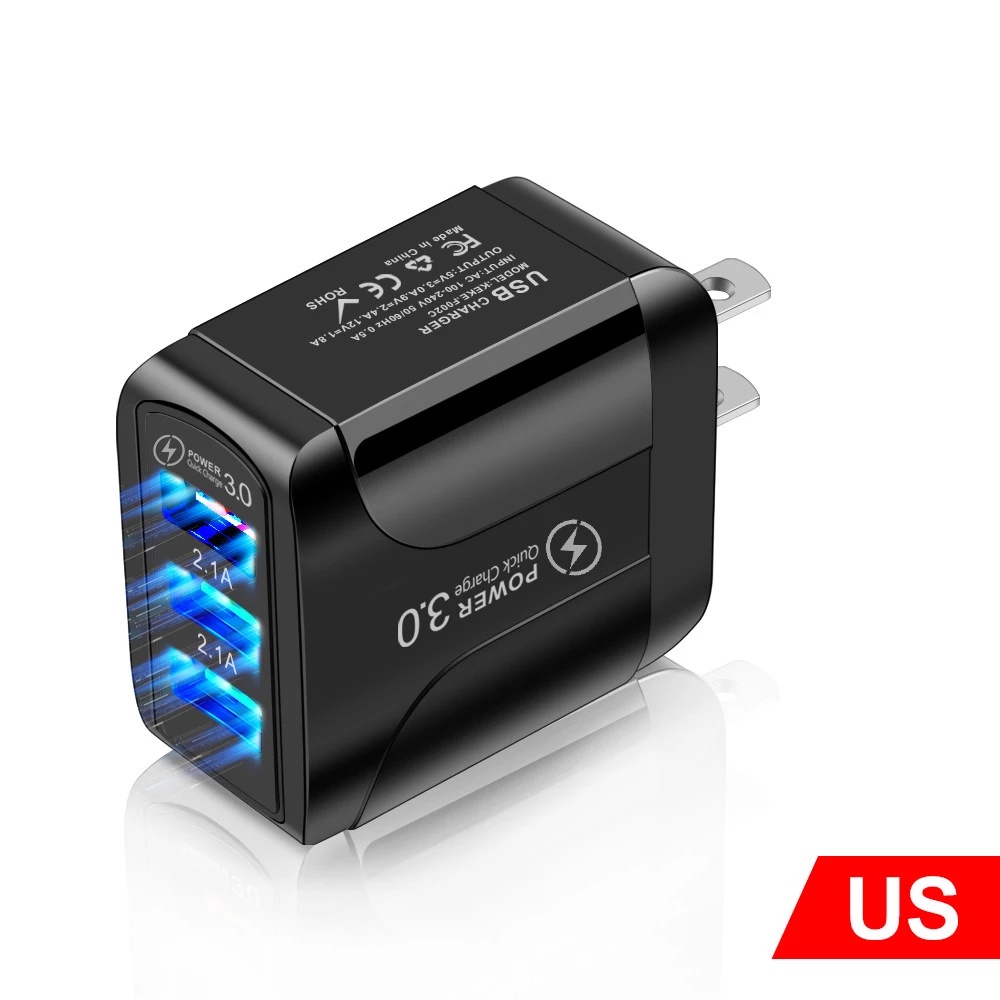 Adapter Charger 3 Port USB QC3.0 Plug EU US UK Untuk Iphone 14 13 12 Android