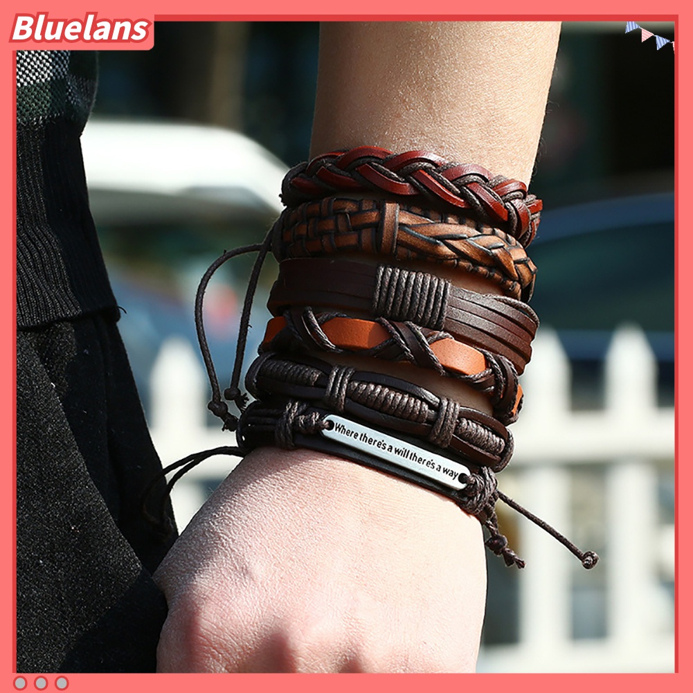 6pcs / Set Gelang Multilayer Bahan Kulit Imitasi Handmade Gaya Vintage Punk Untuk Pria