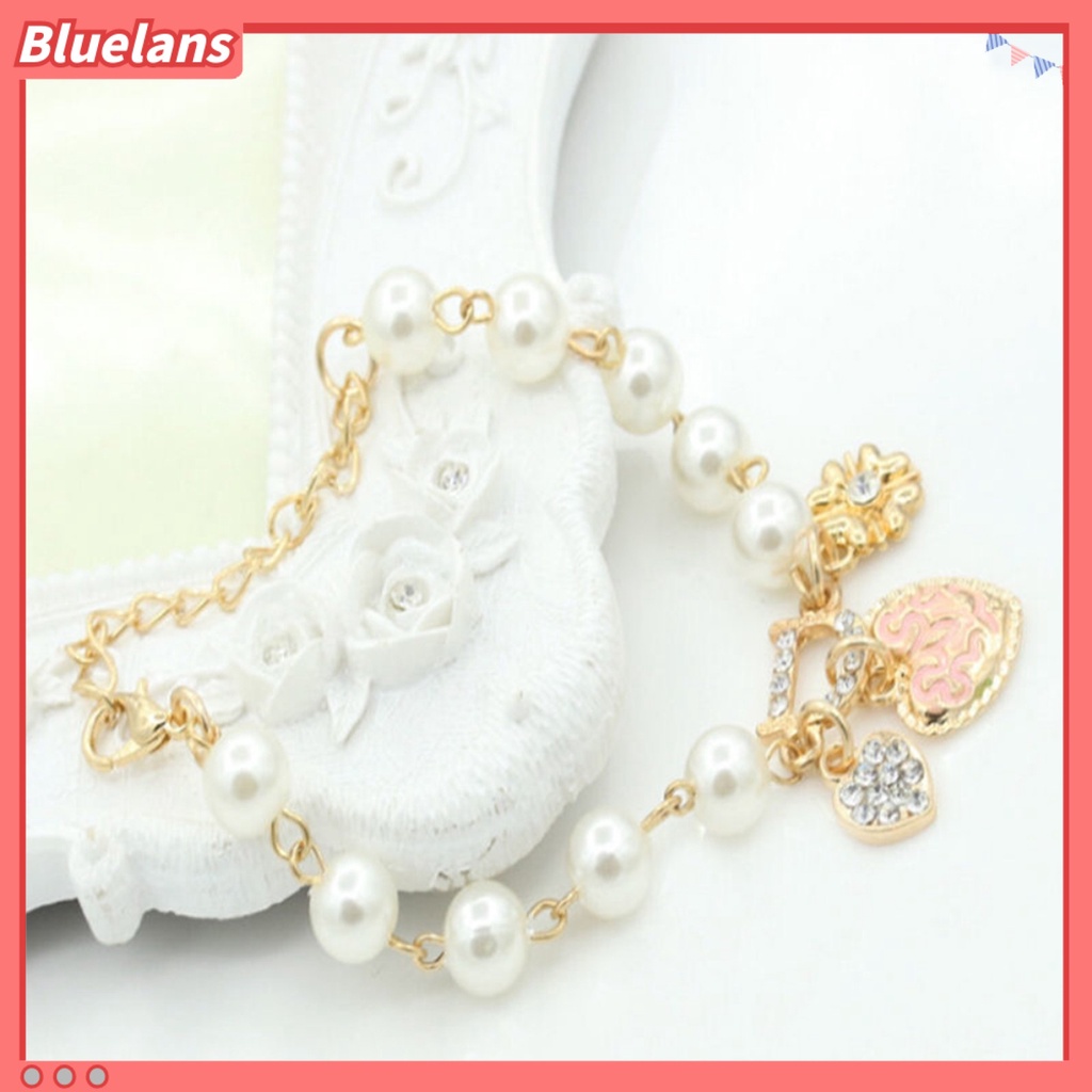 Bluelans Women Fashion Love Heart Pendant D Letter Rhinestone Faux Pearl Chain Bracelet Party