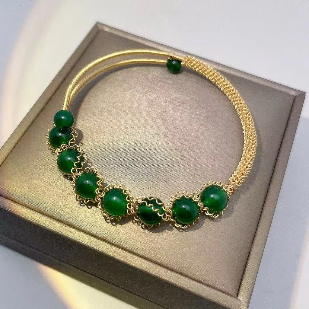 Monica Ice Emperor Chrysoprase Gelang 14K Dibungkus Tangan Dikepang Cincin Gelang Set Pacar Seri