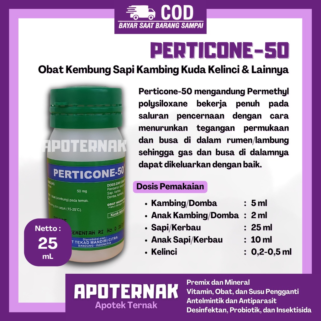 PERTICONE 50 | Obat Kembung Sapi Kambing Domba Kuda Kerbau Kelinci (Induk &amp; Anak) | Nama Baru Permethyl 5% | Apoternak