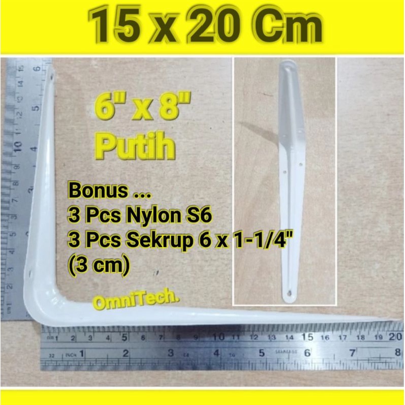 "1 pc" Siku Rak L 15 x 20 cm Dinding Tembok 6" x 8" Set Bonus Nylon & Sekrup Shelf Bracket 6x8