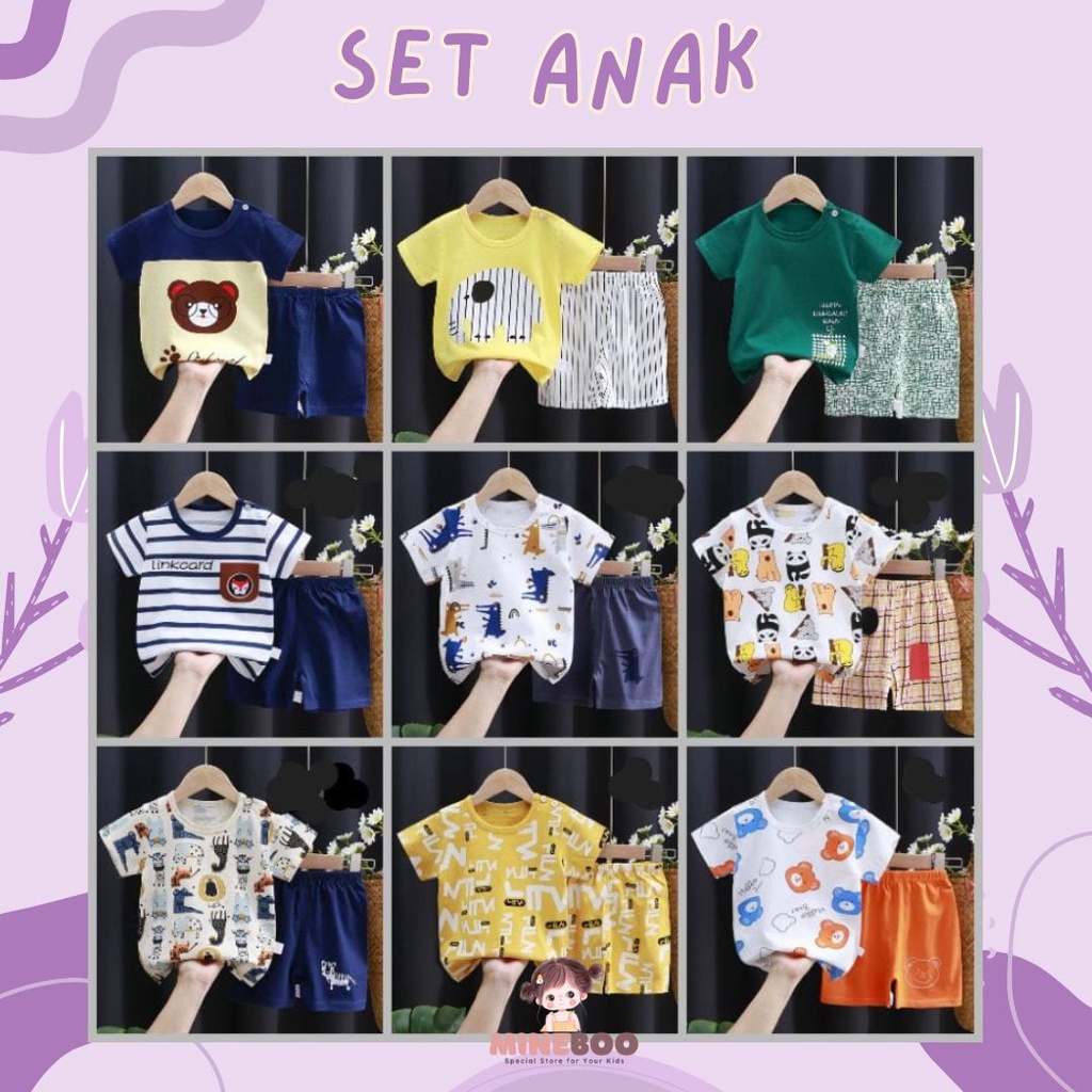 mineboo SETELAN BAJU BAYI LENGAN KAOS LENGAN PENDEK IMPORT USIA 0-4 TAHUN COD KIK