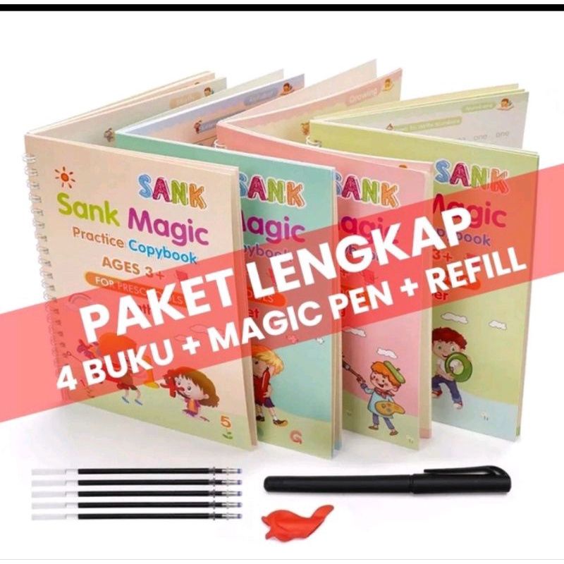 Sank Magic Book Alfabet 1 Set isi 4 Buku Pulpen Refill Buku Latihan Belajar Menulis TK PAUD ORIGINAL