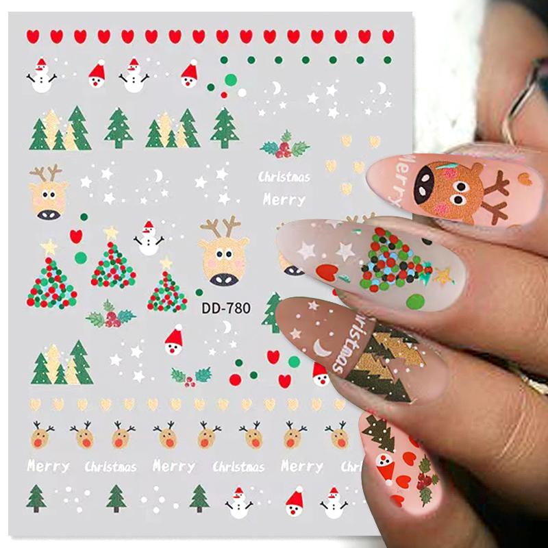 Stiker Kuku 3D Glitter Snowflakes Santa Claus Rusa Pohon Natal Untuk Dekorasi Manicure