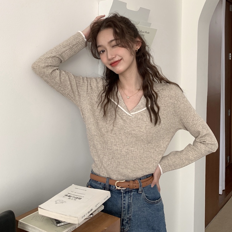 Knitwear Atasan Polos Wanita Lengan Panjang Sweater Rajut Korea