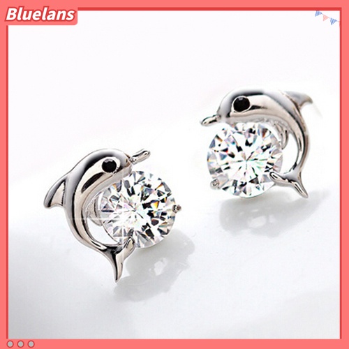 Anting Stud Bentuk Lumba-Lumba Lapis Silver Untuk Wanita