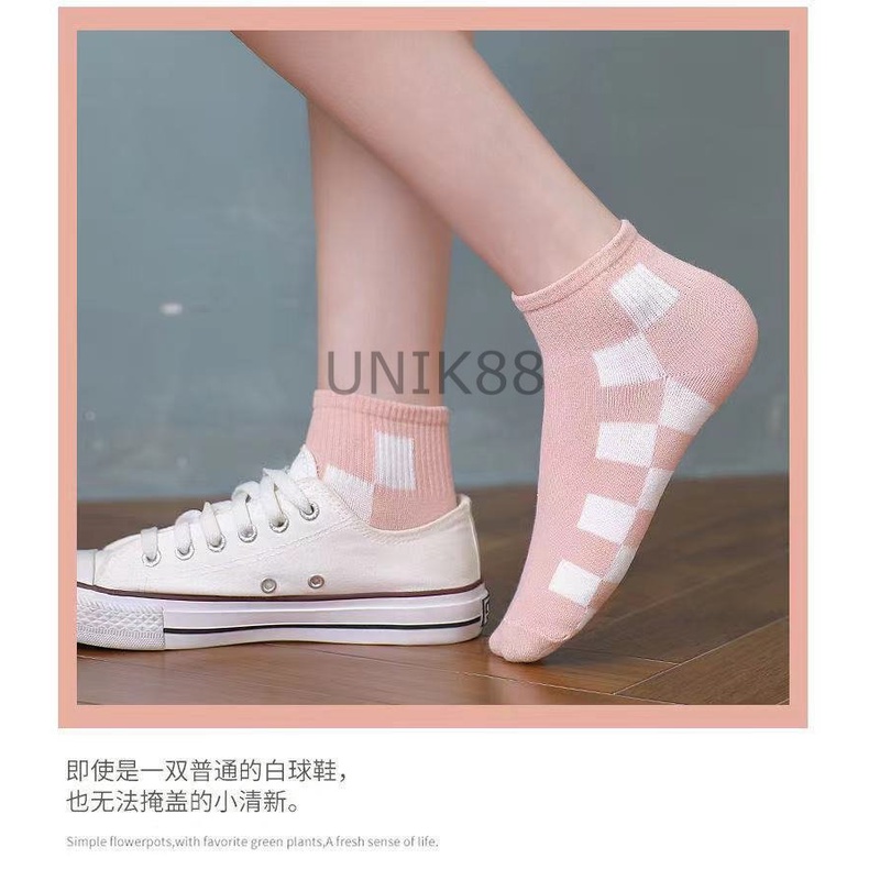 [UNIK88] Kaos Kaki Wanita Pink Edition Motif Kotak Garis Simple Lucu Tebal Semata Kaki Pendek Ankle Sock Women Socks