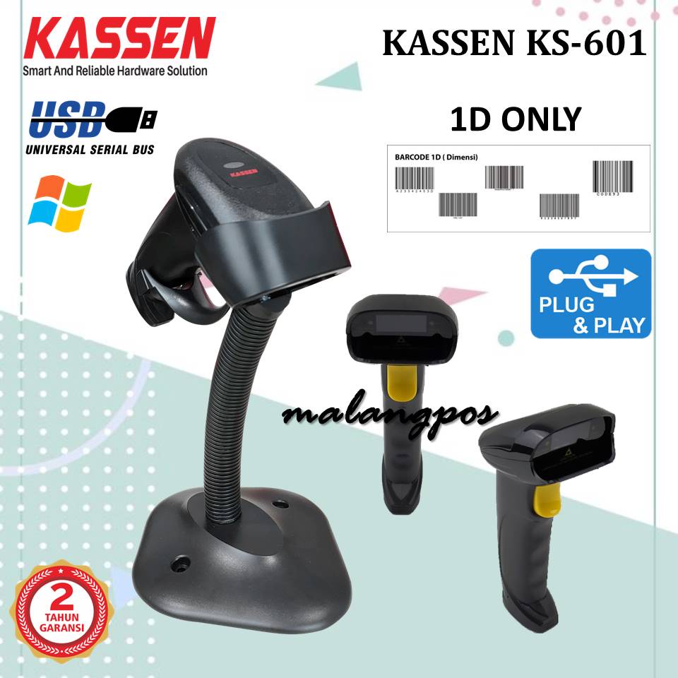 KASSEN KS 601 1D BARCODE SCANNER WIRED LASER KS601 USB WITH STAND AUTO SCAN