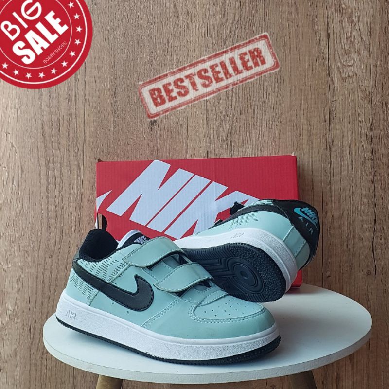 Sepatu Air Force 1 Kids Velcro Green Mint Black Premium Quality / Sepatu Anak Anak