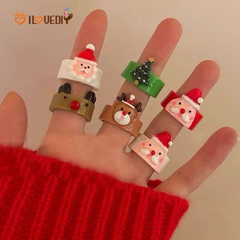 Cincin Desain Kartun Hewan Rusa Santa Claus Pohon Natal Bahan Resin Akrilik Untuk Wanita