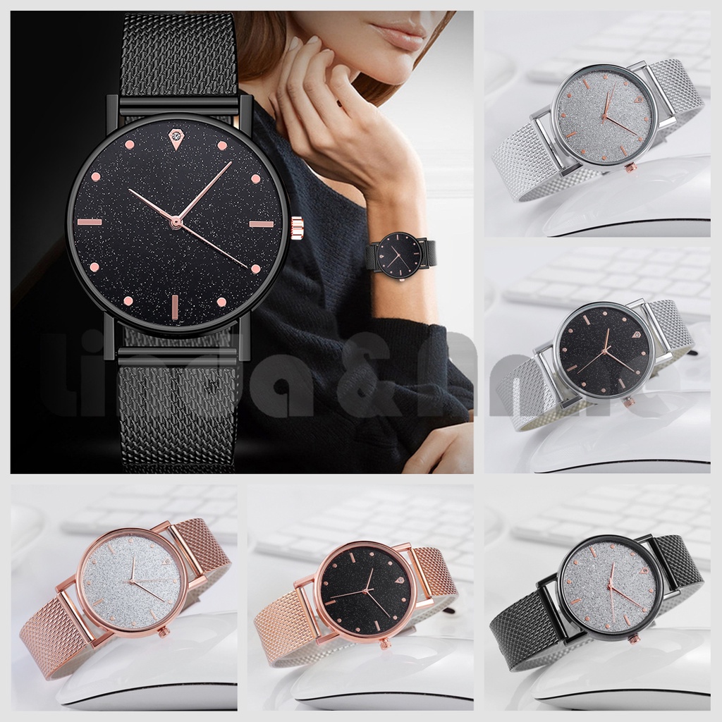 Jam Tangan Gliter Stainless Steel Wanita Quartz Fashion Korean Analog Casual Simple Import