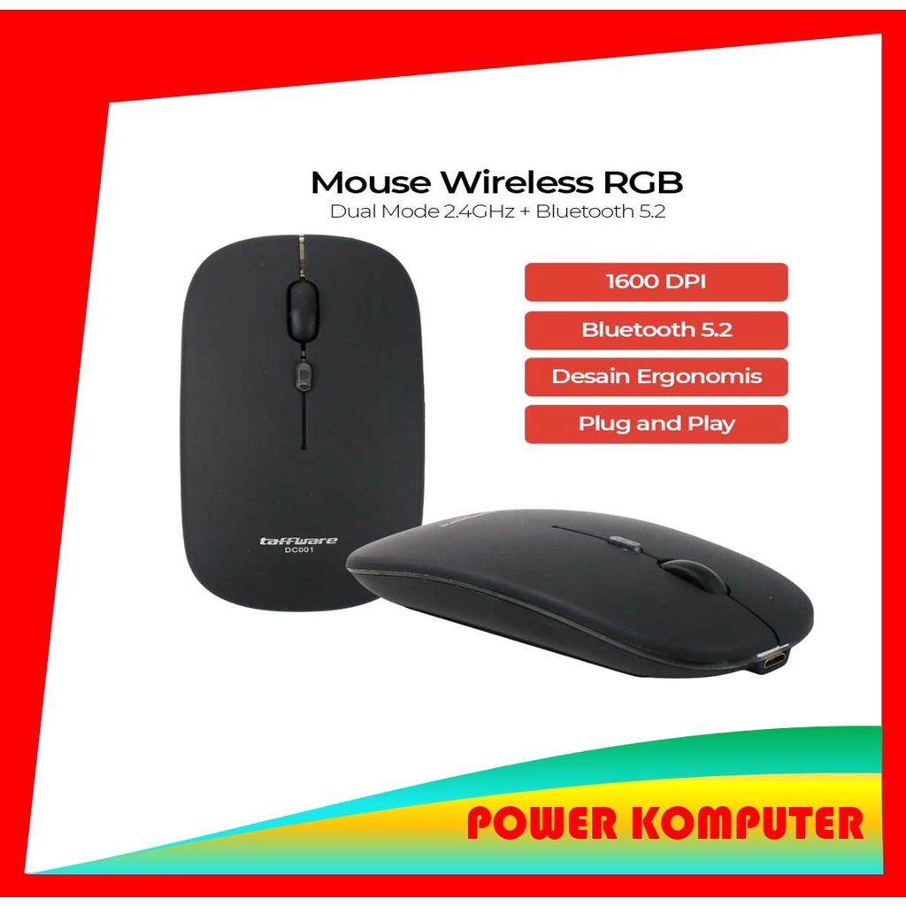 Taffware DC001 Mouse Wireless RGB Dual Mode 2.4GHz + Bluetooth 5.2 Mouse Rechargeable Bluetooth Mous