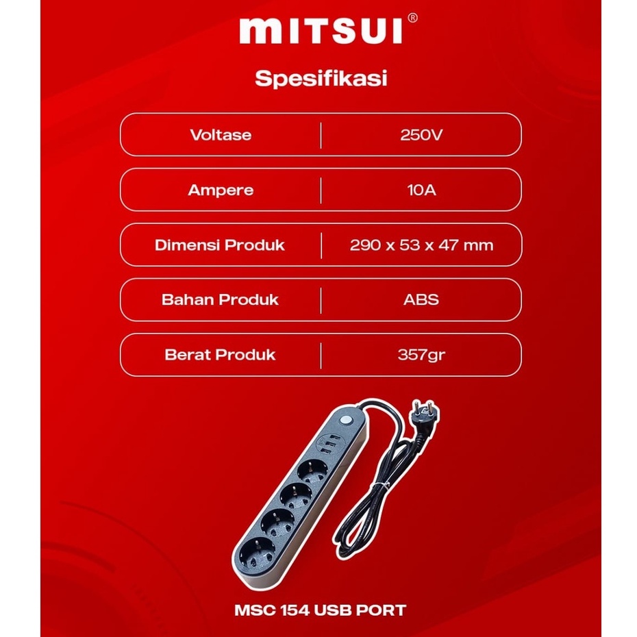 Mitsui MSC 154 Stop Kontak Saklar Yokohama 4 Lubang 3 Port USB / Kabel Colokan 1.6 Meter