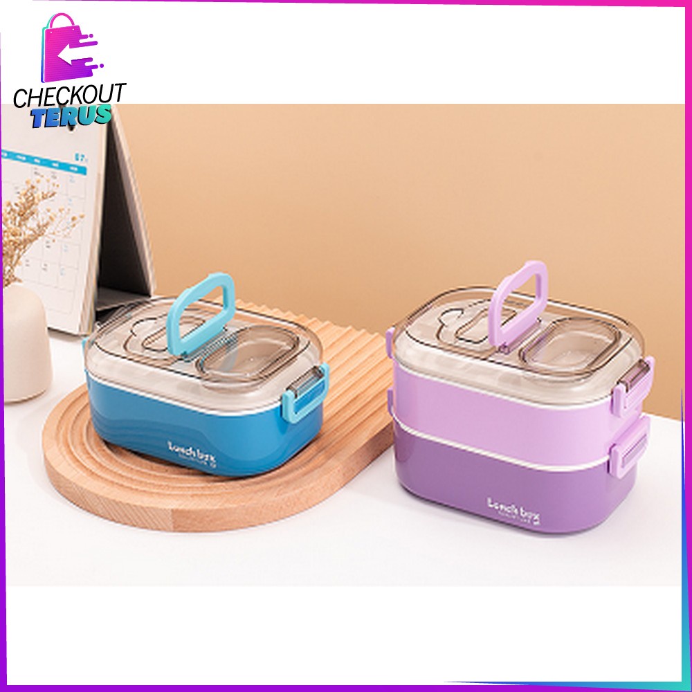 CT C696 Tempat Makan Set 2 Tingkat Anti Tumpah Dengan Pegangan Set BPA FREE Lunch Box Susun Free Sendok Portable