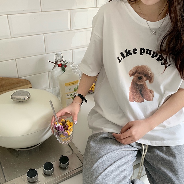 EUNII T-shirt Lengan Pendek Kartun Mewah Anjing Pencetakan Longgar Korean Style/Kaos Atasan Wanita/Baju Kaus Oversize Wanita