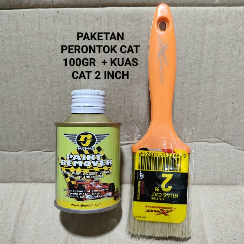 Paketan Paint Remover RJ 100gr + Kuas Xander 2&quot; inch Cairan Perontok Cat Pernis / Serlak / Enamel Kayu Logam Tembok - Paint Remover RJ LONDON 100 Gr