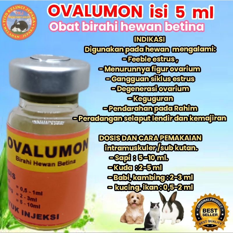 ovalumon 5 ml, ovalumon 2,5 ml obat untuk betina Kelinci,kucing,kambing,Sapi,babi,ikan dll
