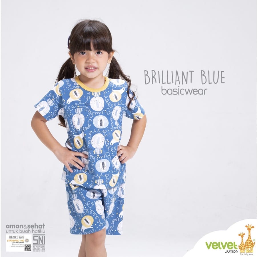 Velvet Junior Stelan Baju Oblong Lengan Pendek &amp; Celana Pendek- Brilliant Blue Series (Isi 3 Pcs)