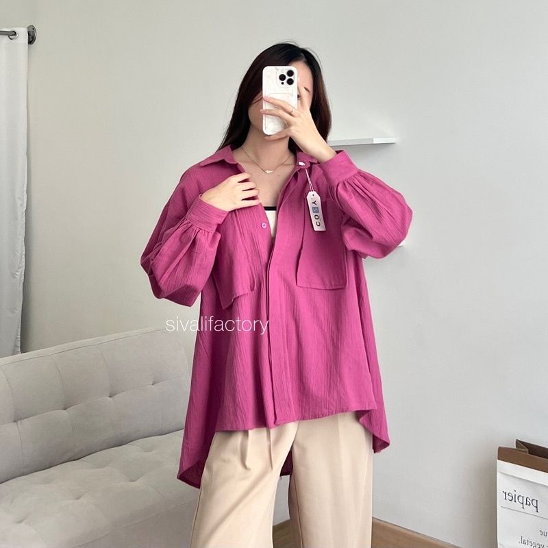 Gea Top | Kemeja Oversize Linen Wanita - Linen Crinkle Shirt - Atasan