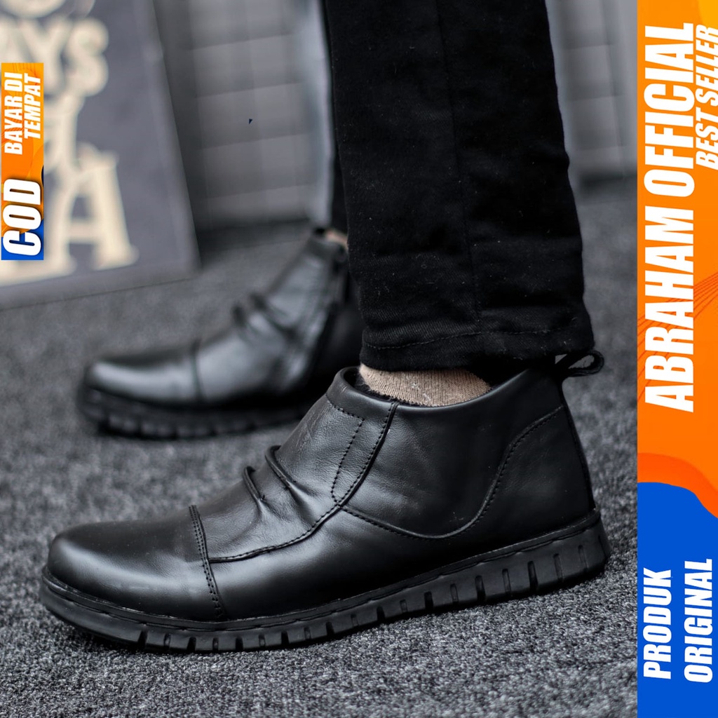 Sepatu Pantofel Tinggi Boot Sleting Kulit Asli Original Formal Hitam Pria Abraham Warka