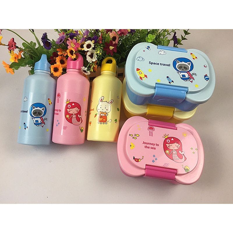 (COD)kotak set tempat makan lunch Box bekal anak souvenir ultah plus botol minum