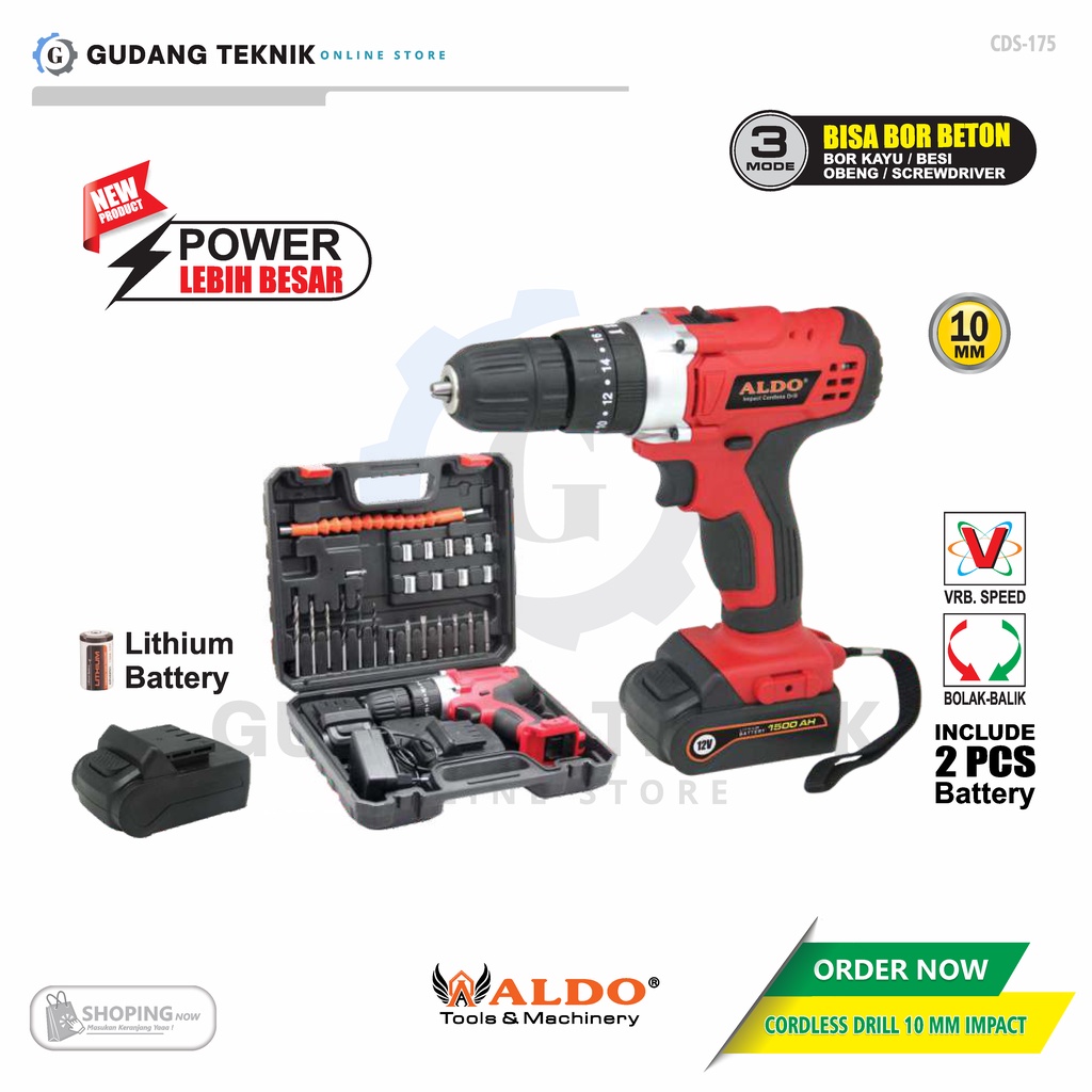 Mesin BOR CORDLESS SET 10 mm ALDO CDS-175 / BOR BATERAI PLUS SET CORDLESS DRILL ALDO CDS175 - Cordless Drill Impact 10MM ALDO CDS 175